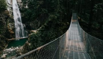 Suspension bridge going from one side of mountainside to the other with waterfall in background.